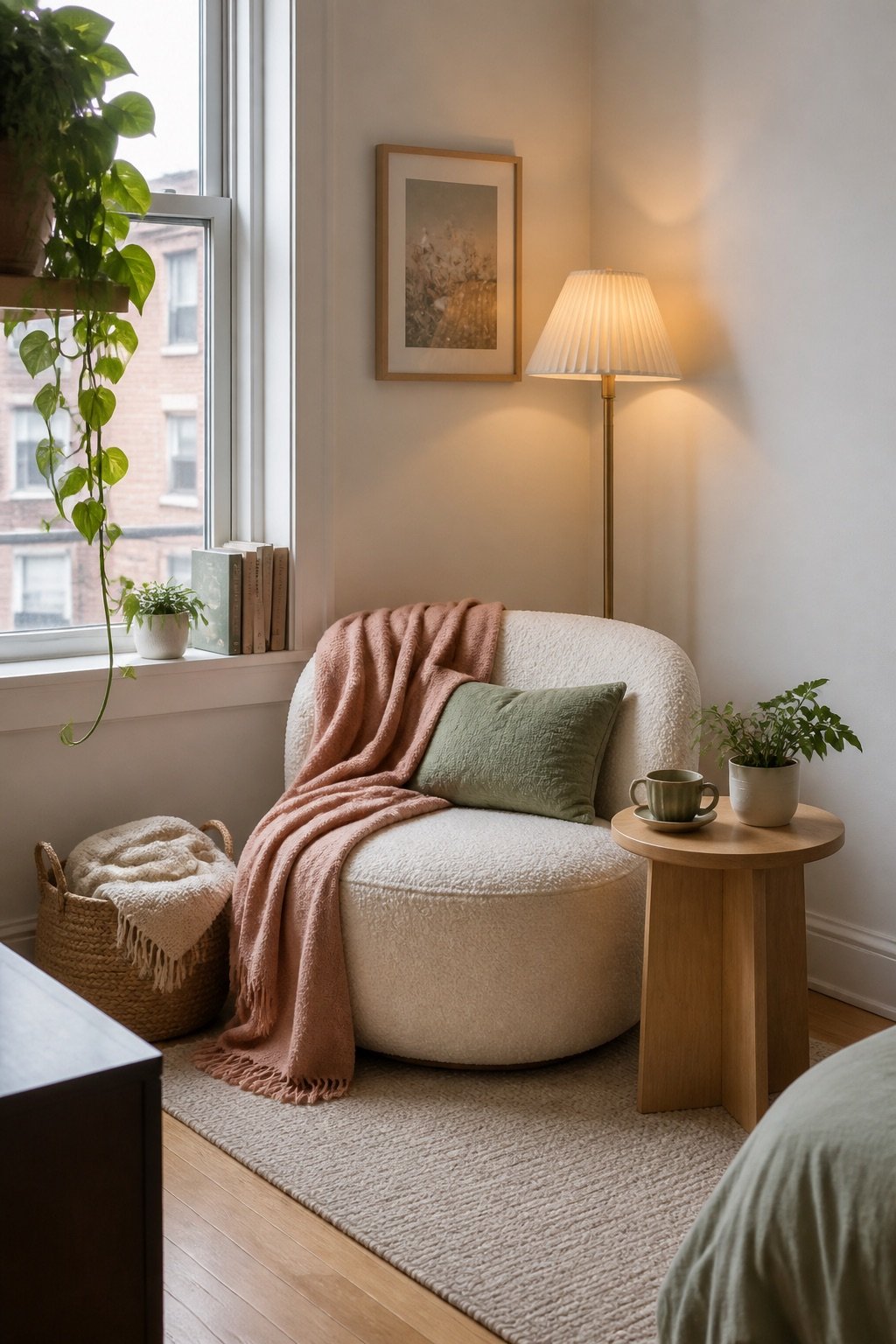 Cozy awkward apartment corner turned into a reading nook
