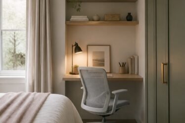 Small bedroom with a compact office in the corner