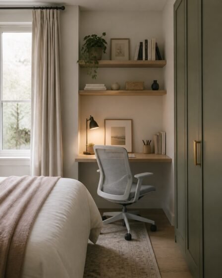 Small bedroom with a compact office in the corner