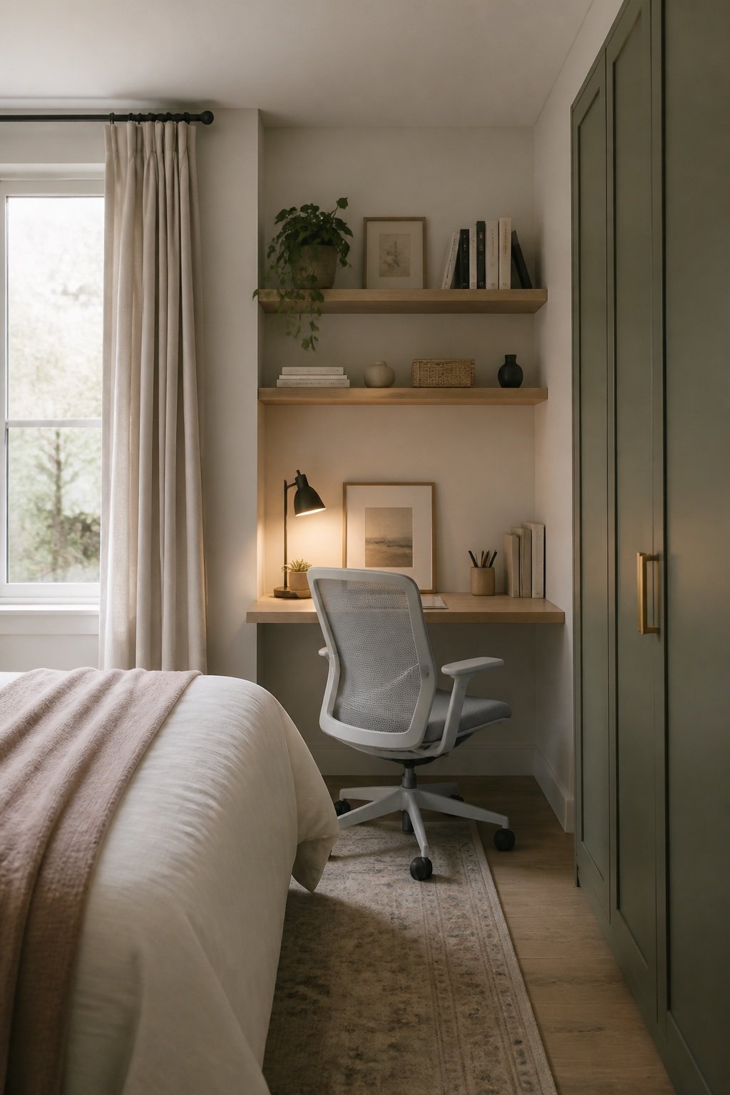 Small bedroom with a compact office in the corner