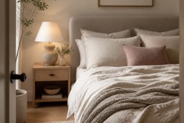 Cozy neutral bedroom with linen bedding and layered natural textures