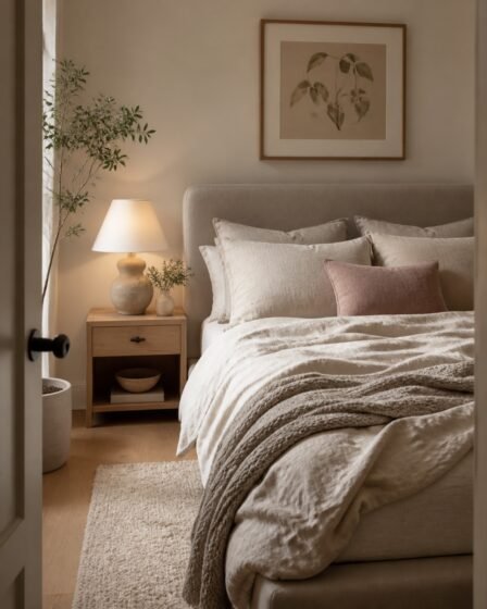 Cozy neutral bedroom with linen bedding and layered natural textures