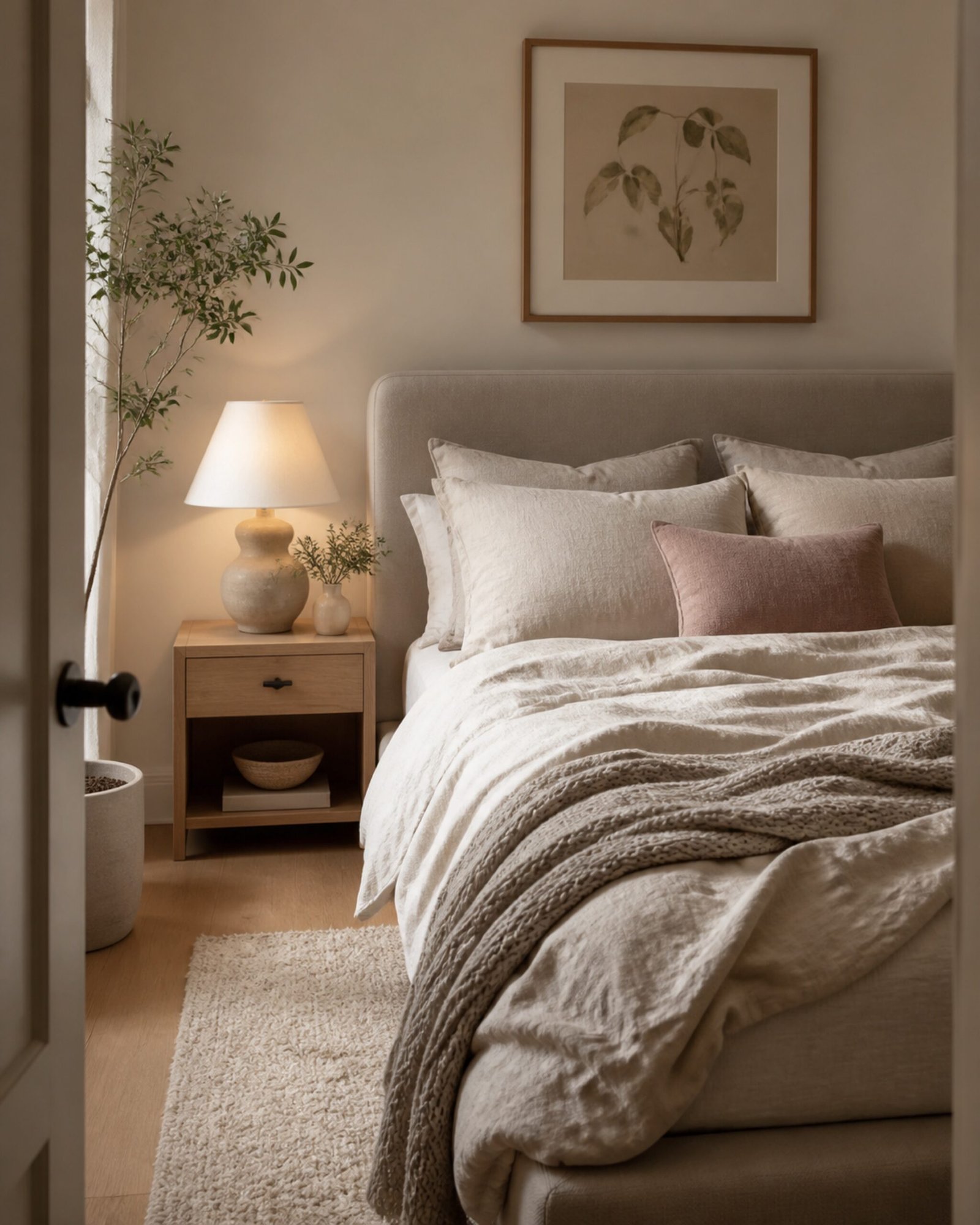 Cozy neutral bedroom with linen bedding and layered natural textures