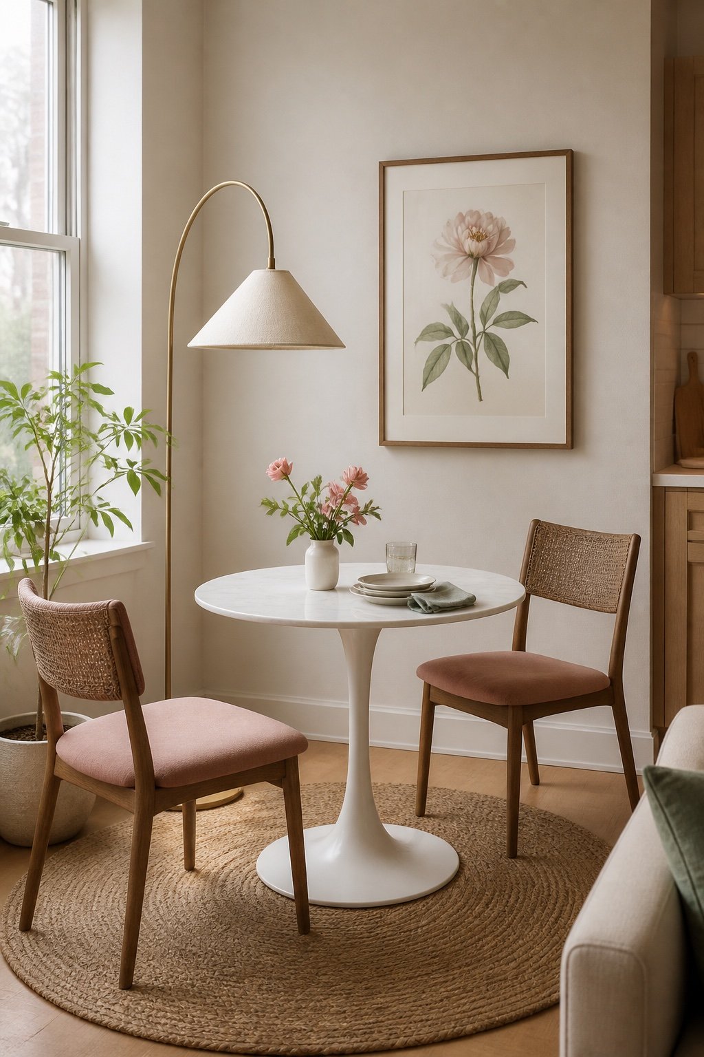 Small apartment dining nook with a round table for two