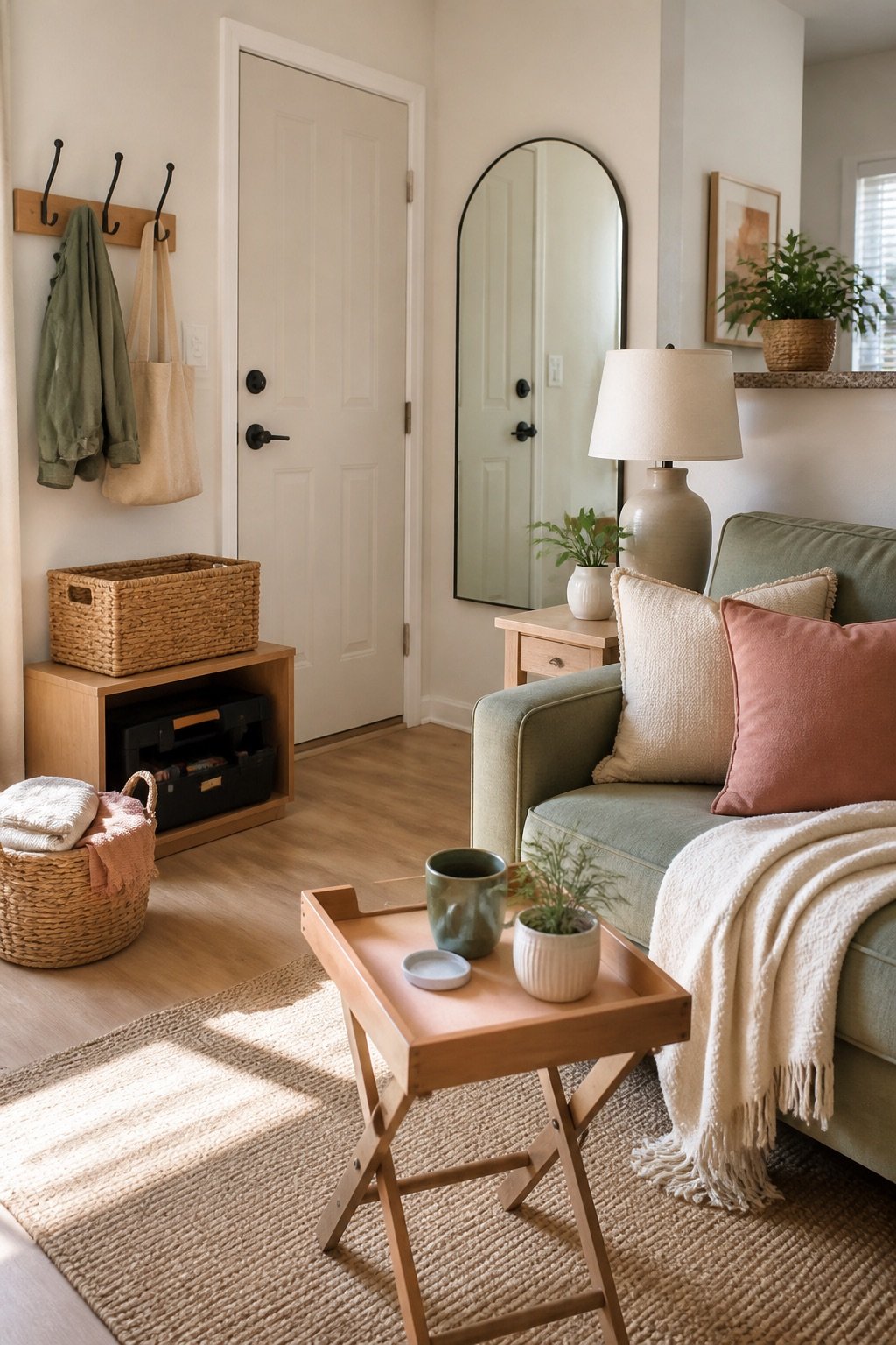 First apartment essentials arranged in a cozy small living room entry