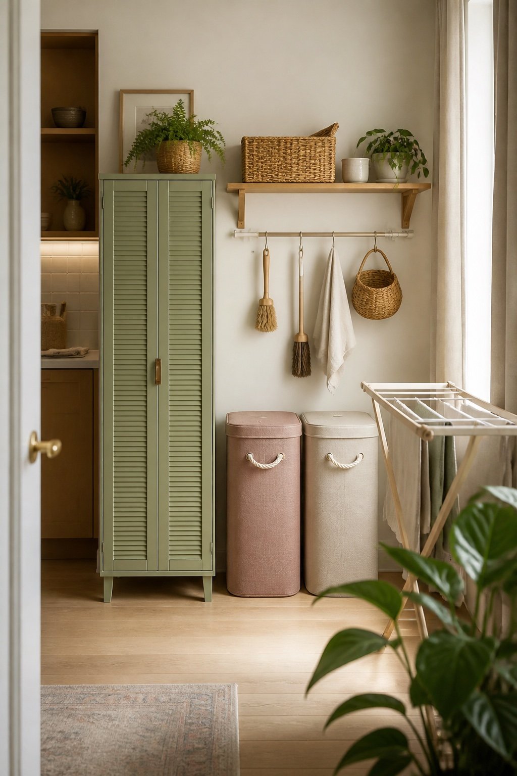 Small apartment laundry storage without a laundry room