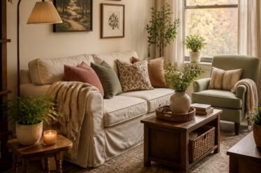 Warm small living room refreshed with affordable textiles, art, plants, and vintage wood