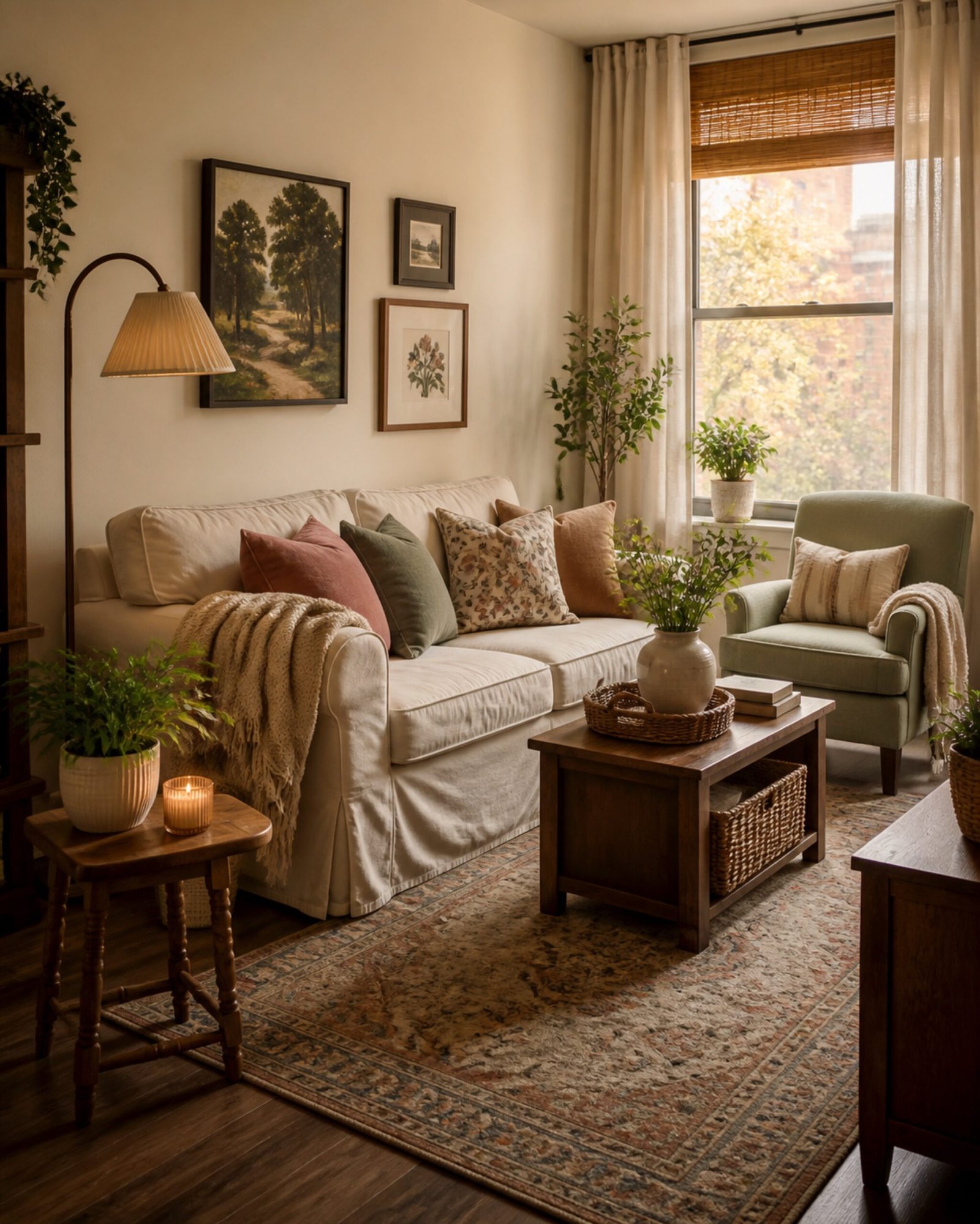 Warm small living room refreshed with affordable textiles, art, plants, and vintage wood