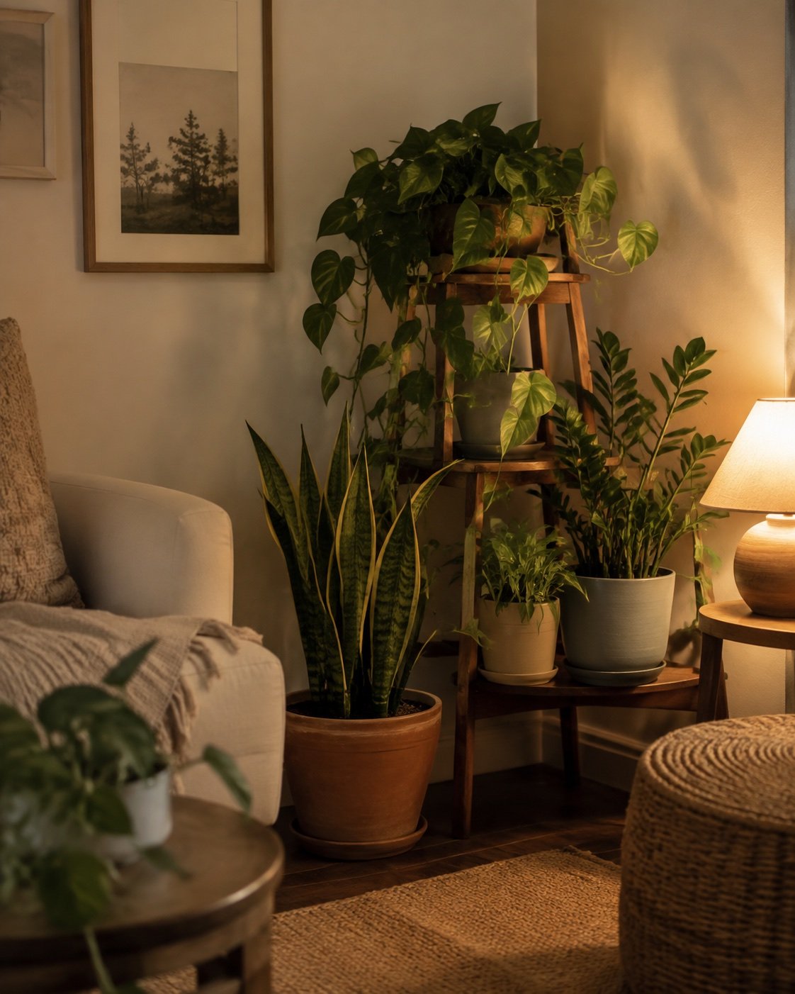 Low-light small apartment corner styled with pothos snake plant ZZ plant and warm lamp