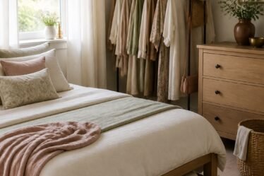 Small bedroom organized beautifully without a built-in closet