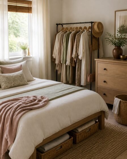 Small bedroom organized beautifully without a built-in closet
