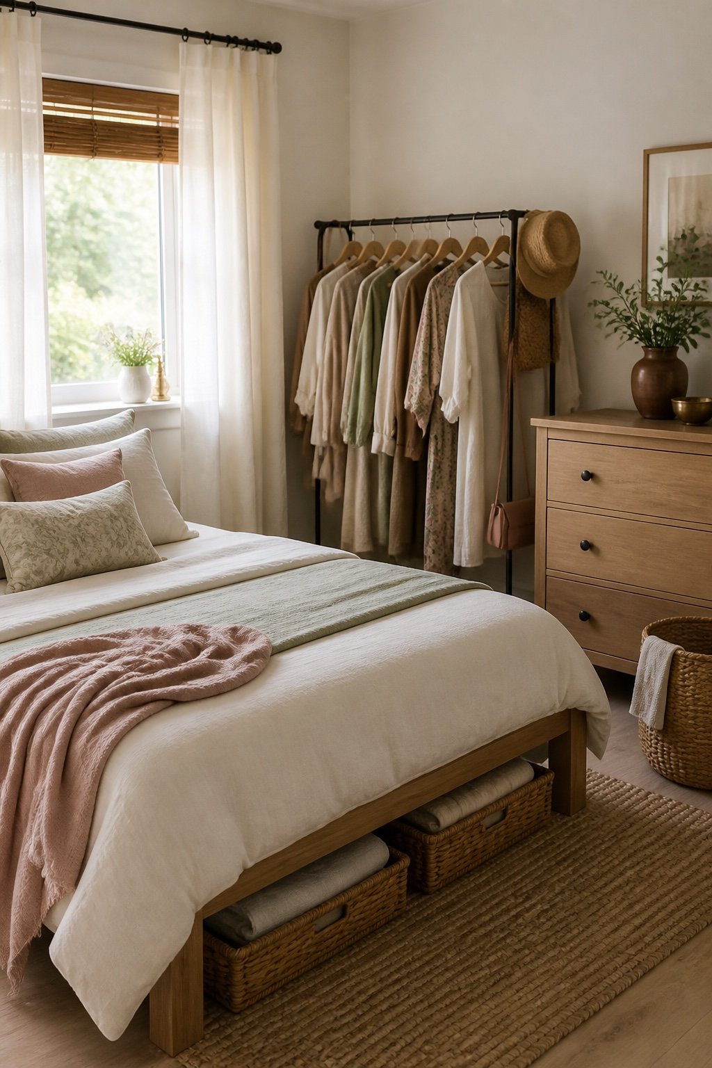Small bedroom organized beautifully without a built-in closet