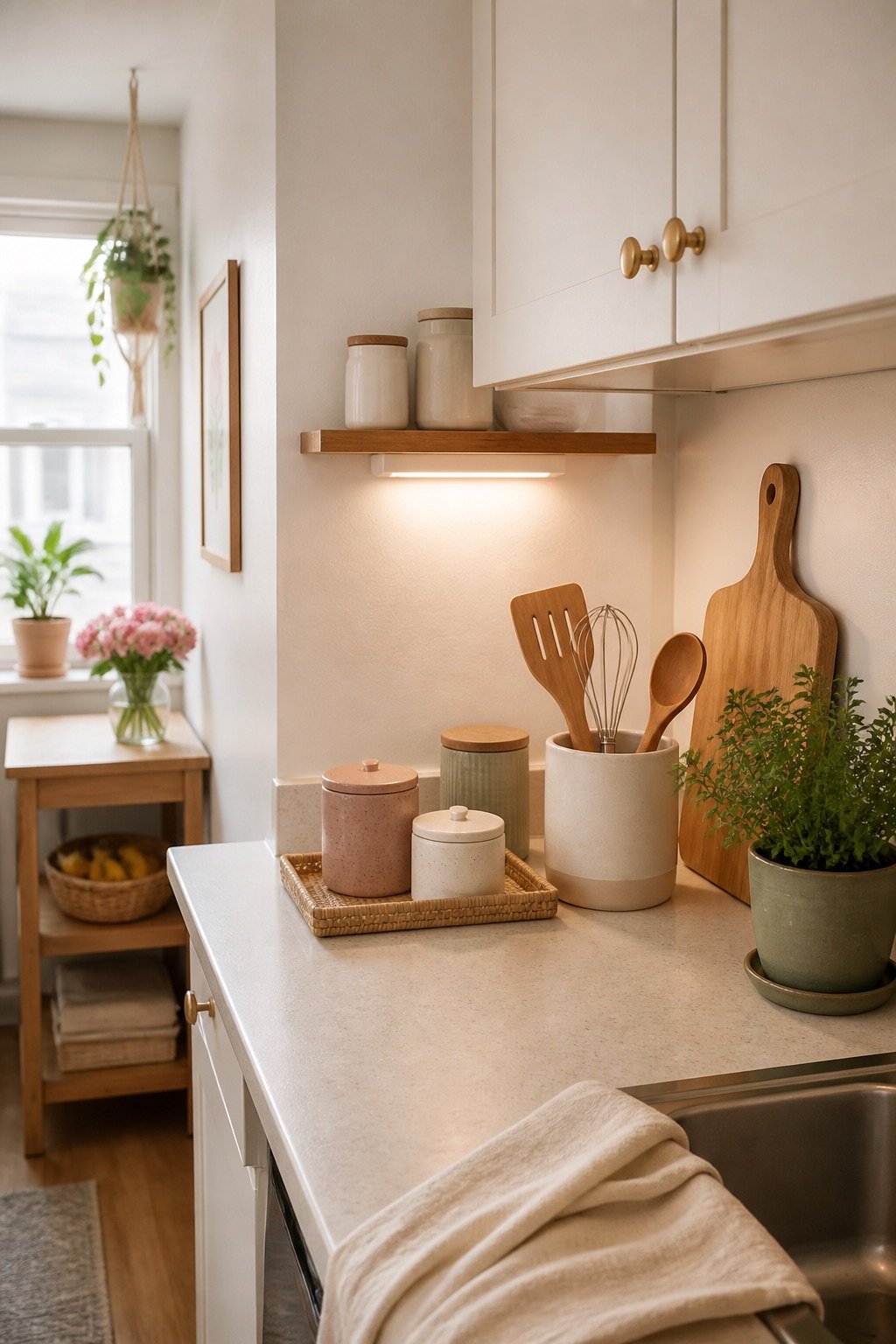 Small rental kitchen counter organized with trays jars and warm light