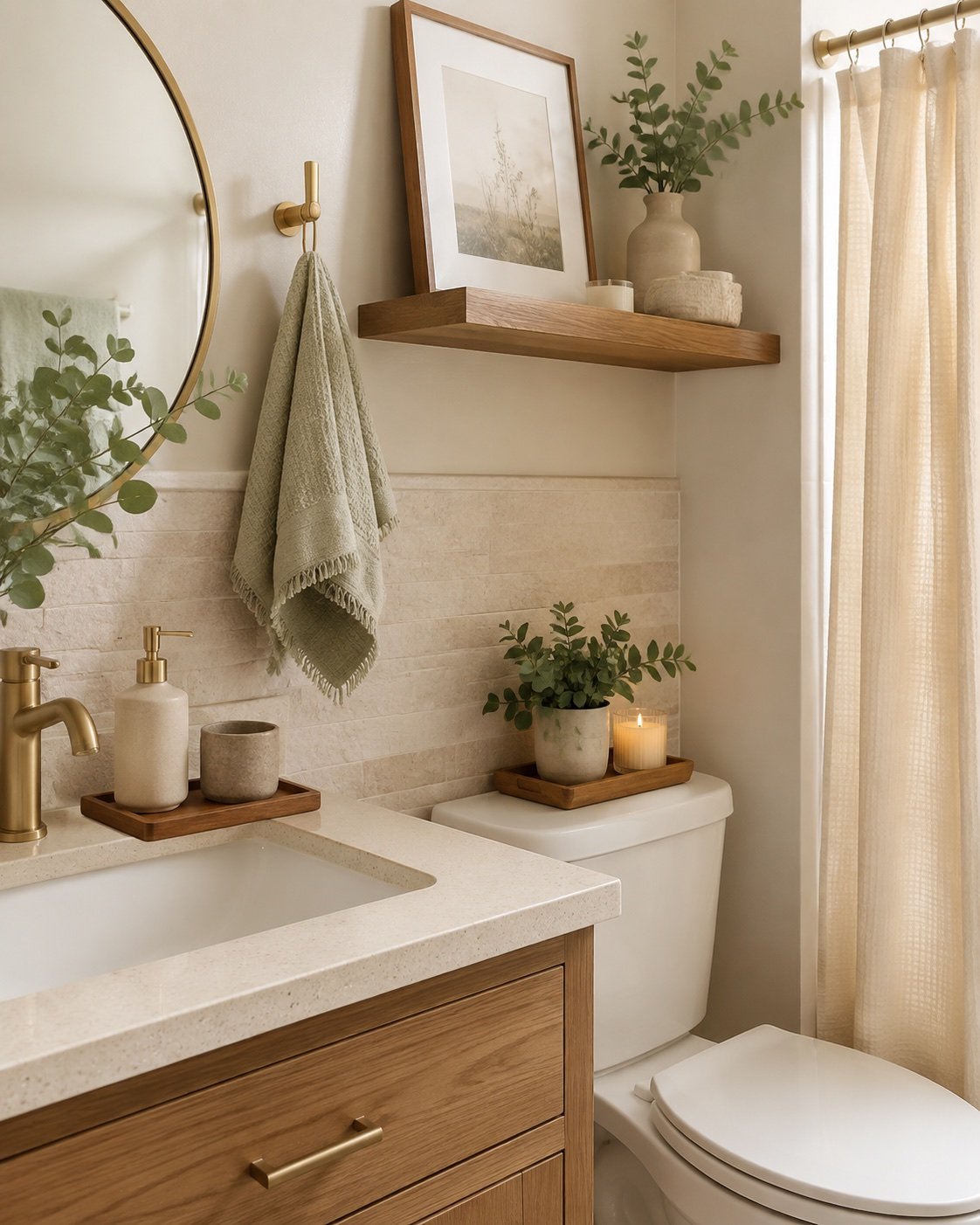 Renter-friendly small bathroom with warm neutral decor wood tray and plants