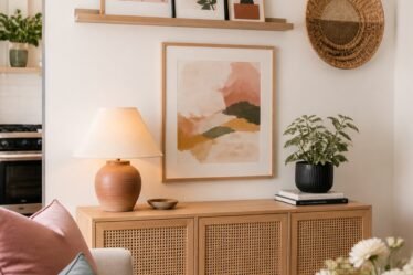 Renter-friendly wall art above a styled wood console in a small apartment