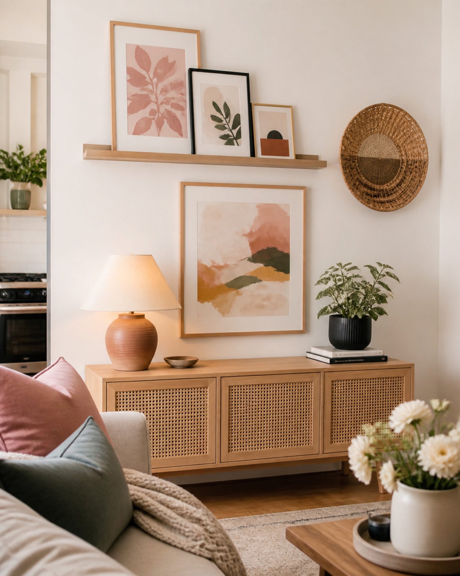 Renter-friendly wall art above a styled wood console in a small apartment