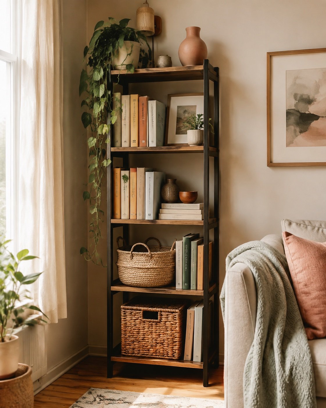 Small apartment bookshelf styled with baskets plants books and warm decor