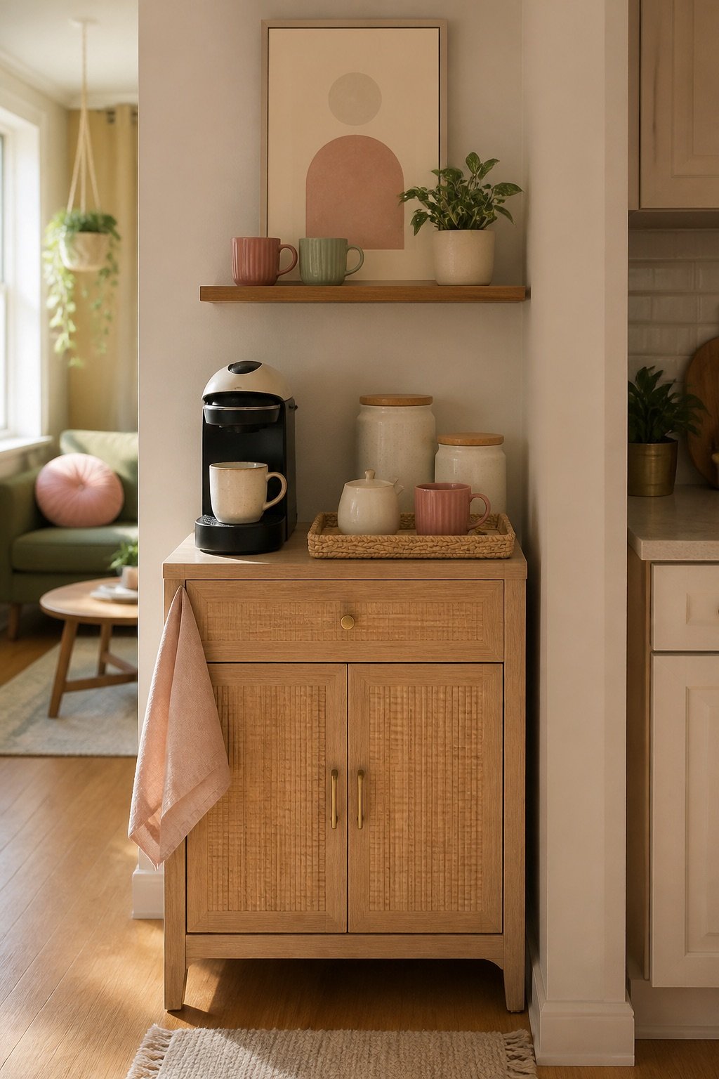 Small apartment coffee station on a narrow wood cabinet with mugs and plant