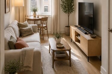 Warm small apartment living room layout with a TV and compact sofa