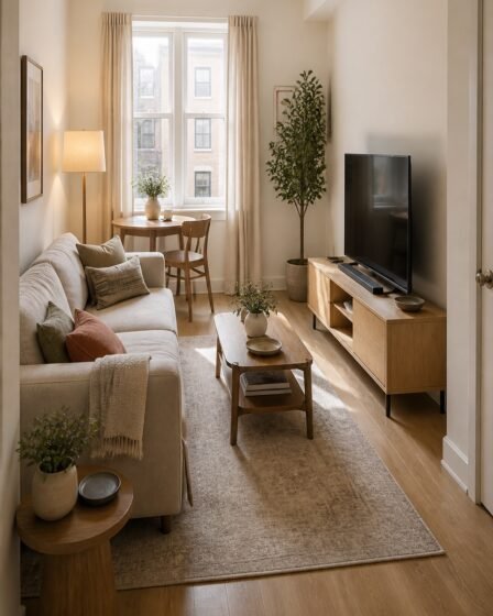 Warm small apartment living room layout with a TV and compact sofa