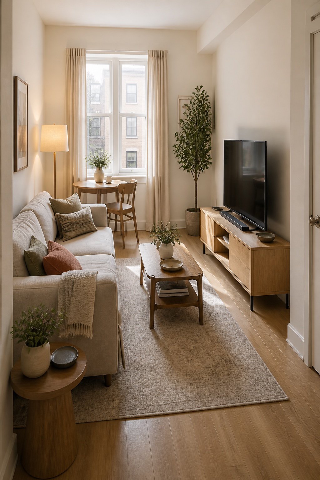 Warm small apartment living room layout with a TV and compact sofa