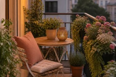 Tiny apartment balcony with compact seating, plants, and warm ambient lighting