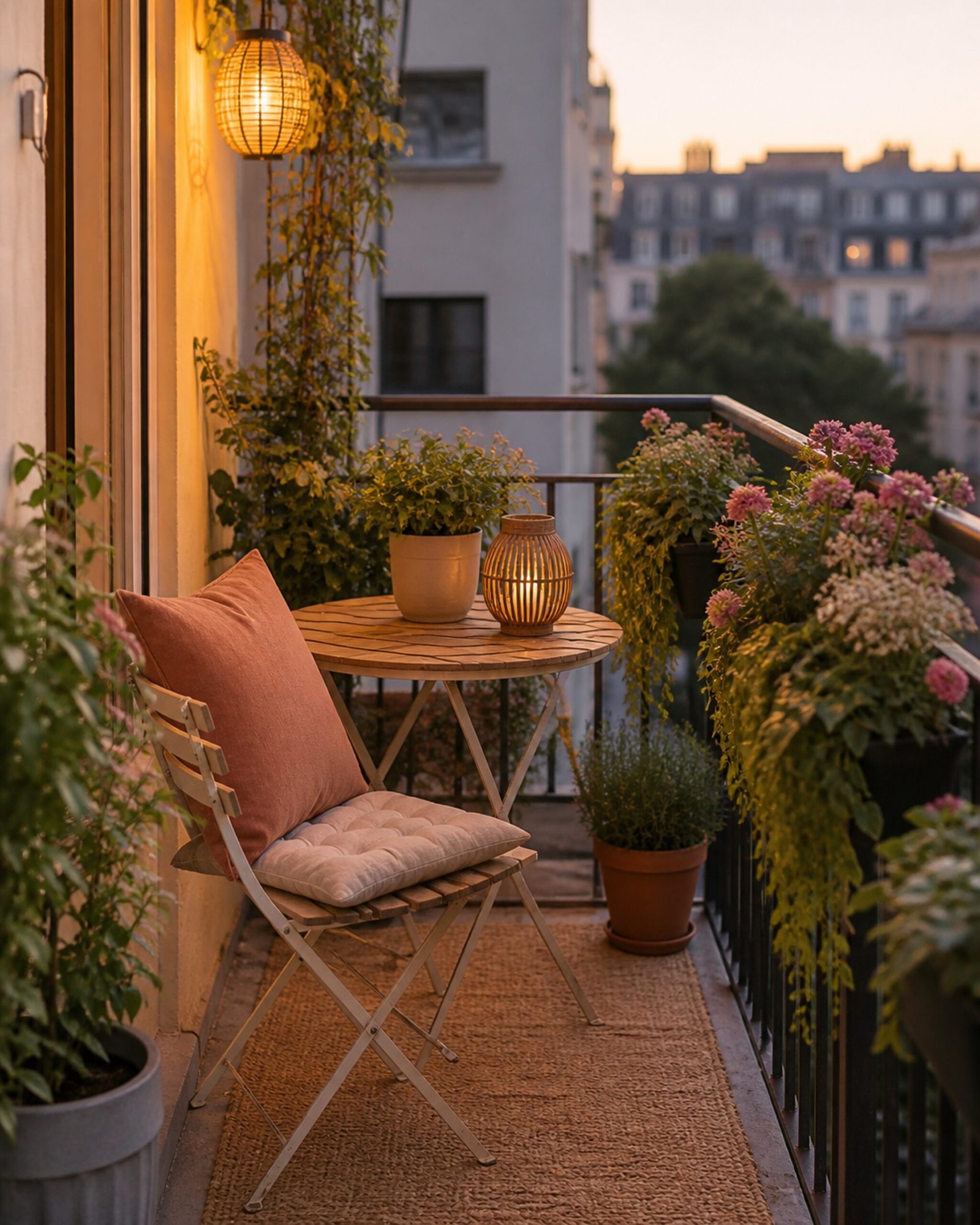 Tiny apartment balcony with compact seating, plants, and warm ambient lighting
