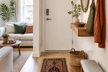 Small apartment entryway with a mirror, slim shelf, hooks, basket, and bench