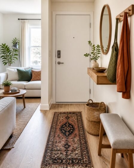 Small apartment entryway with a mirror, slim shelf, hooks, basket, and bench