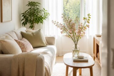 Bright spring apartment living room with airy curtains, soft green accents, and blossom branches