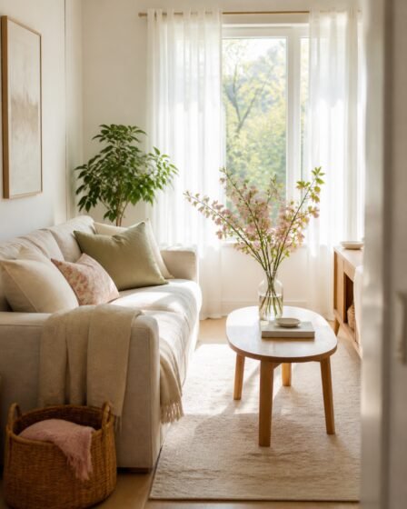 Bright spring apartment living room with airy curtains, soft green accents, and blossom branches