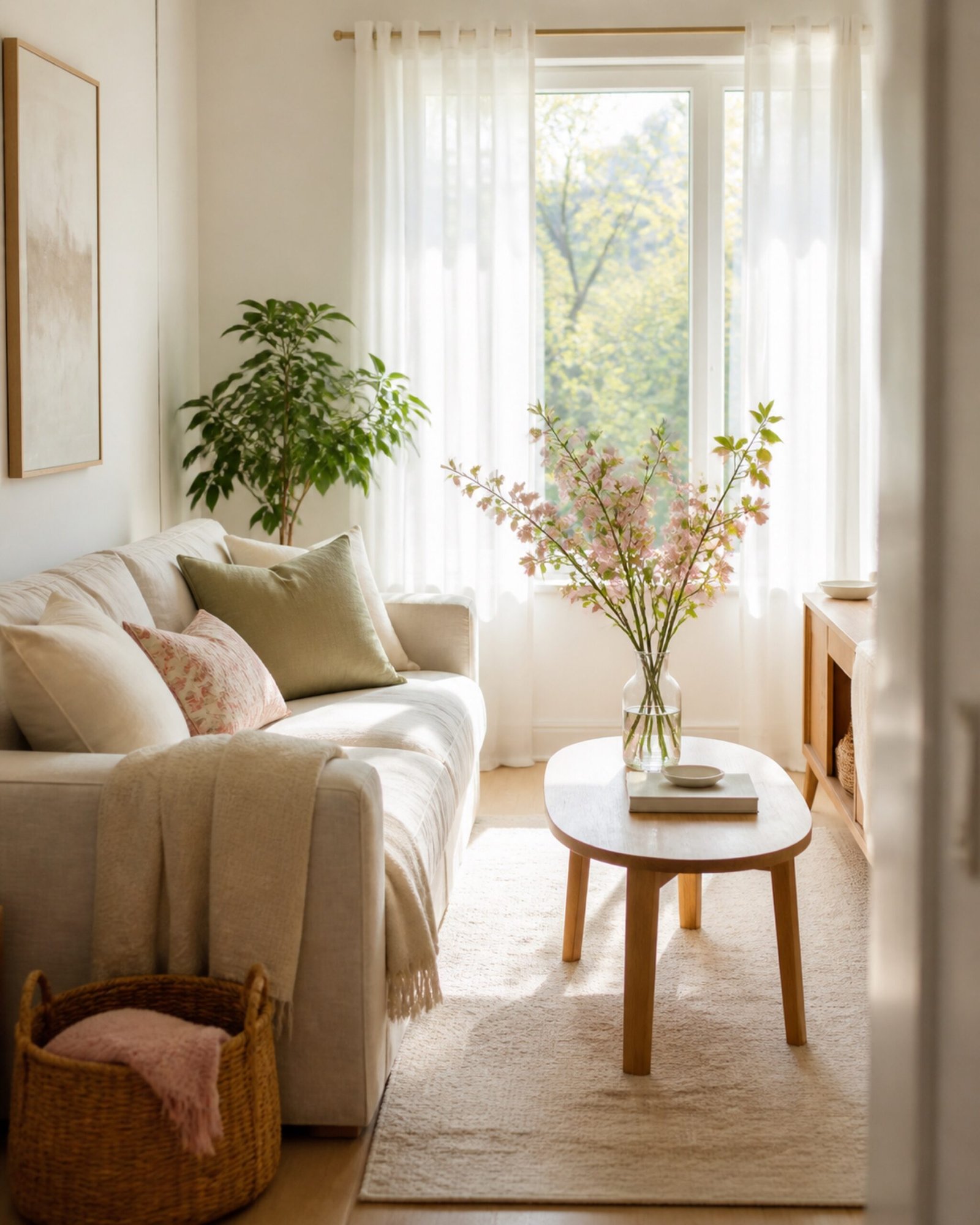 Bright spring apartment living room with airy curtains, soft green accents, and blossom branches