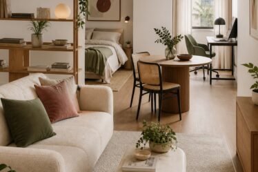 Cozy studio apartment arranged into clear living, sleeping, dining, and work zones