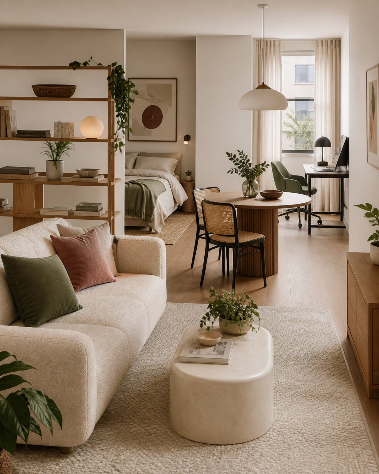 Cozy studio apartment arranged into clear living, sleeping, dining, and work zones