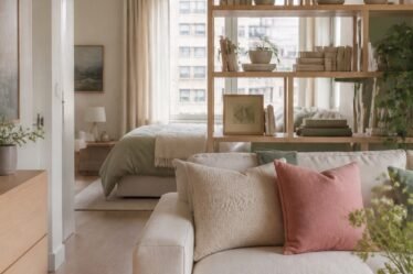 Open bookcase dividing living and sleeping zones in a studio