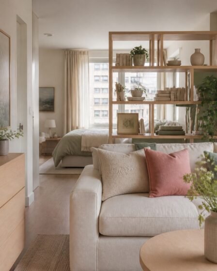 Open bookcase dividing living and sleeping zones in a studio