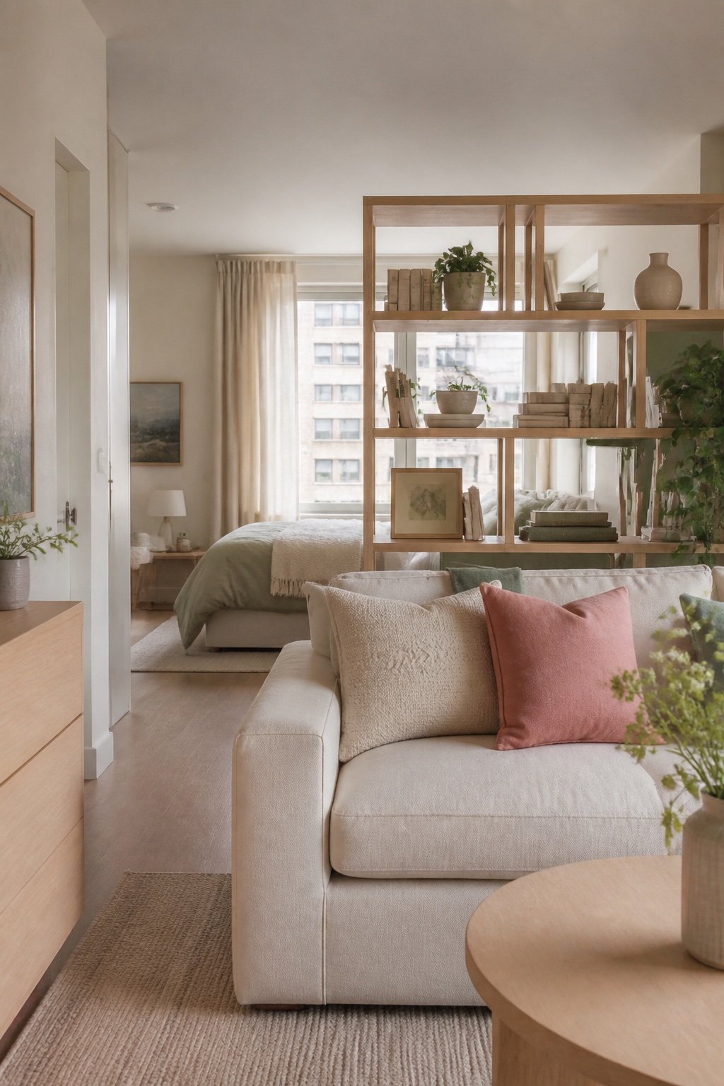Open bookcase dividing living and sleeping zones in a studio