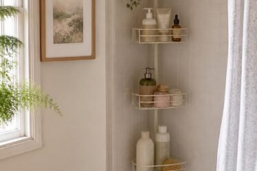 Tiny rental bathroom with elegant no-drill storage