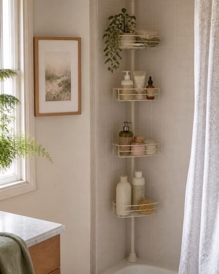 Tiny rental bathroom with elegant no-drill storage