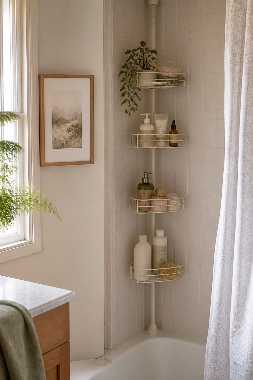 Tiny rental bathroom with elegant no-drill storage