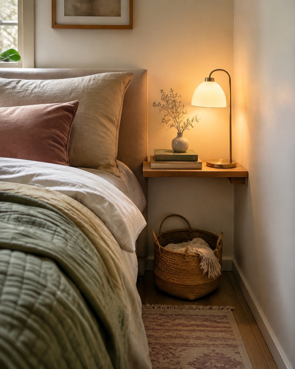 Tiny bedroom with wall shelf nightstand warm lamp and woven basket