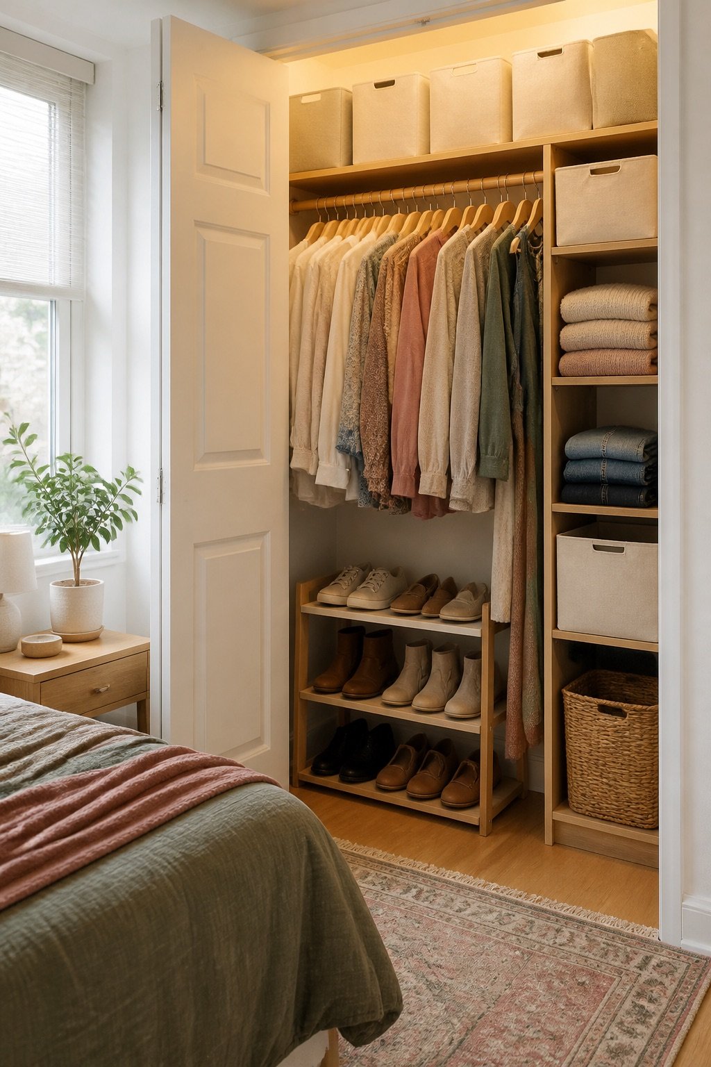 Tiny apartment closet organized with slim hangers bins and shoe storage