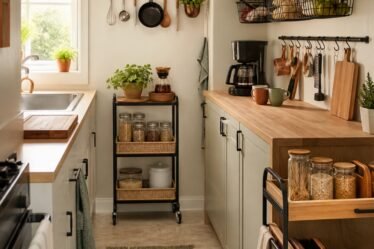 Tiny rental kitchen organized with open shelves, rails, baskets, and a slim cart