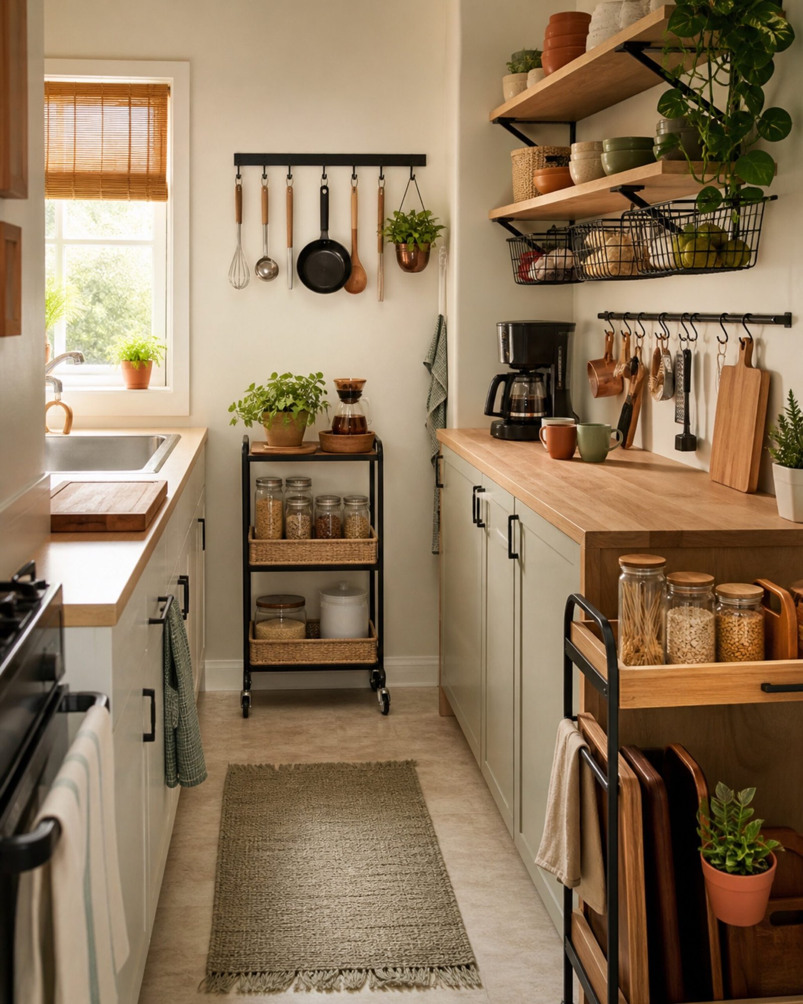 Tiny rental kitchen organized with open shelves, rails, baskets, and a slim cart