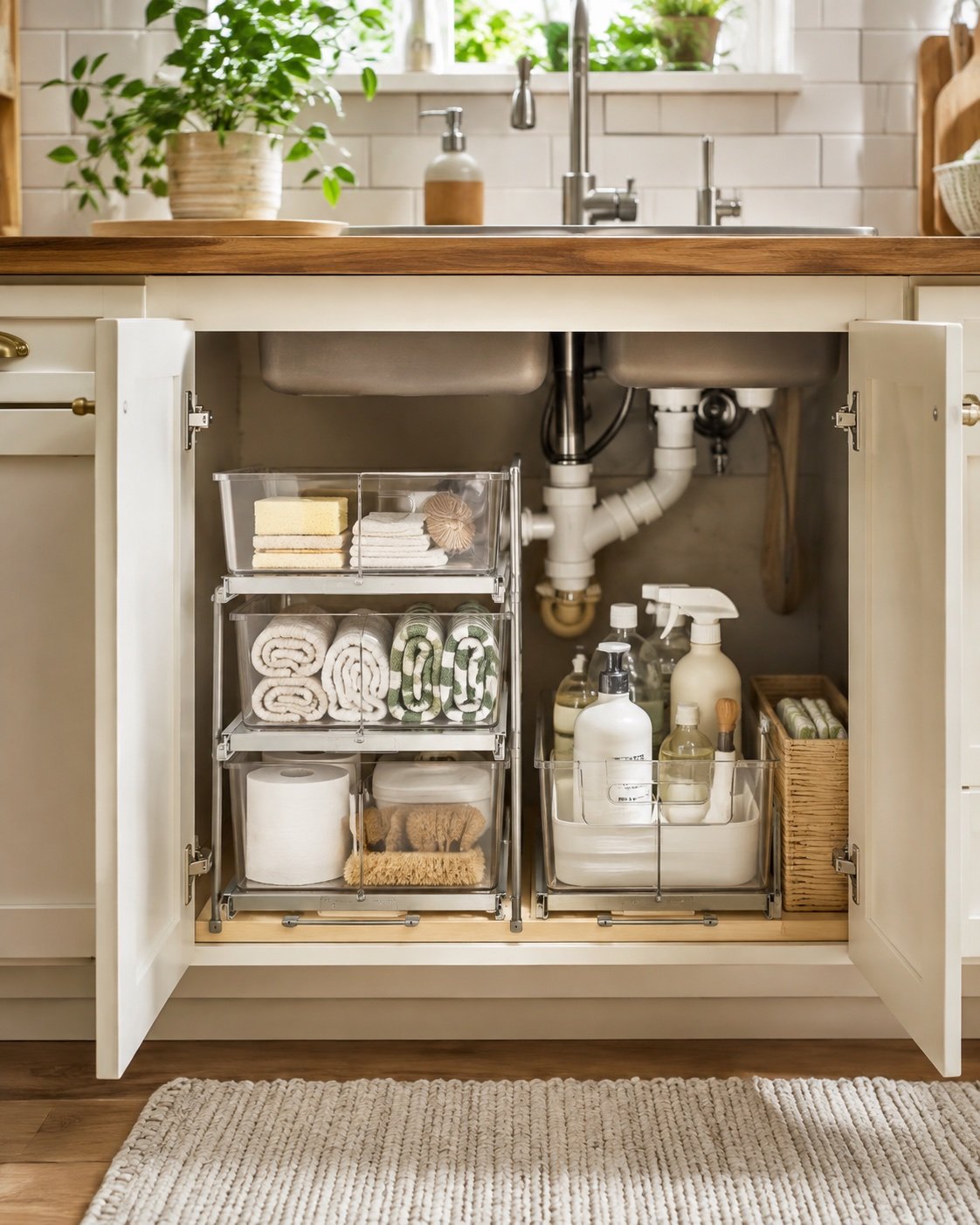 Small apartment kitchen under-sink cabinet organized with pull-out bins and cleaning caddy