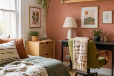 Small bedroom office makeover with a clay accent wall, shelf, art, and cozy textiles