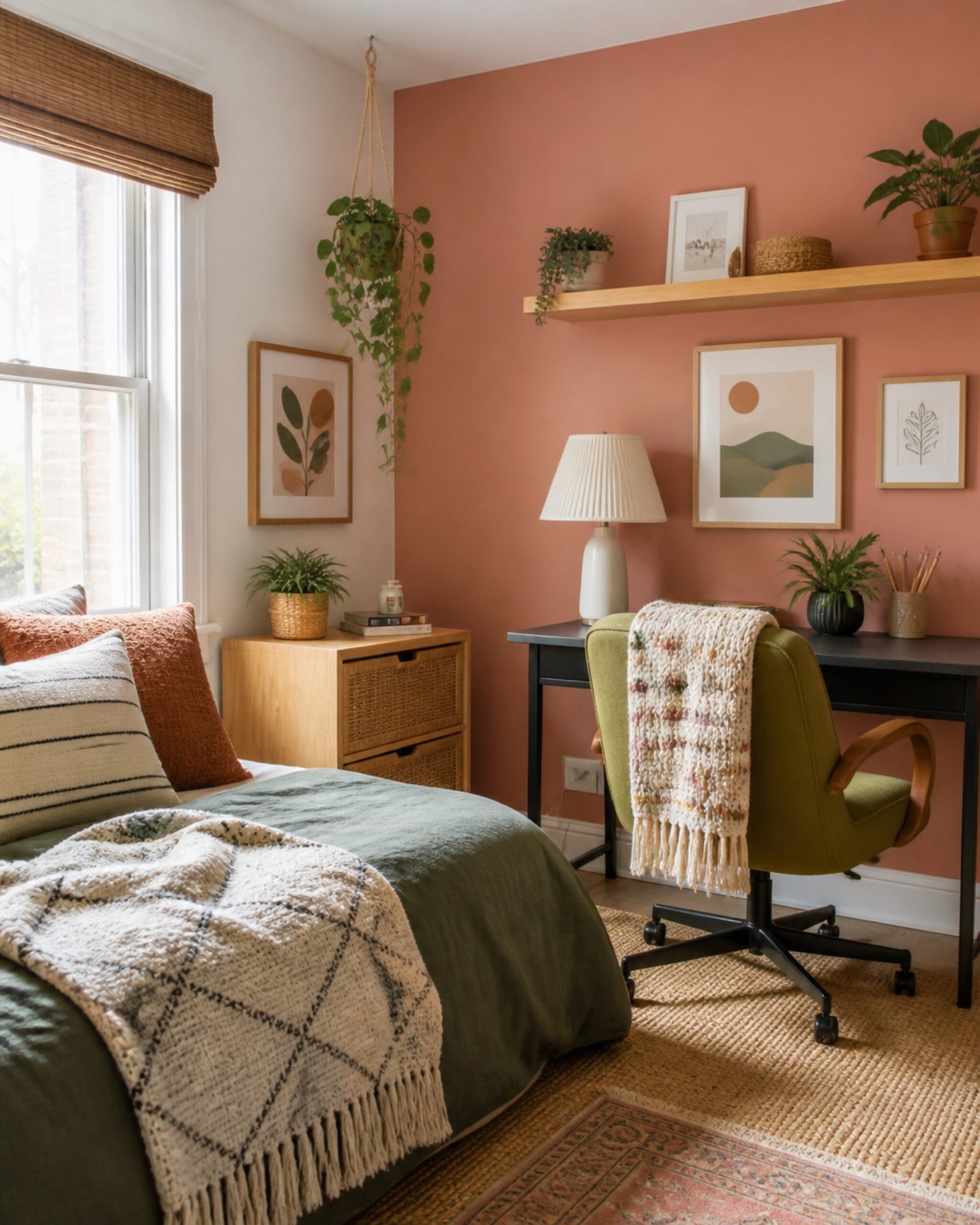 Small bedroom office makeover with a clay accent wall, shelf, art, and cozy textiles