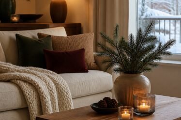 Warm winter apartment corner with knit layers, evergreen branches, and amber light