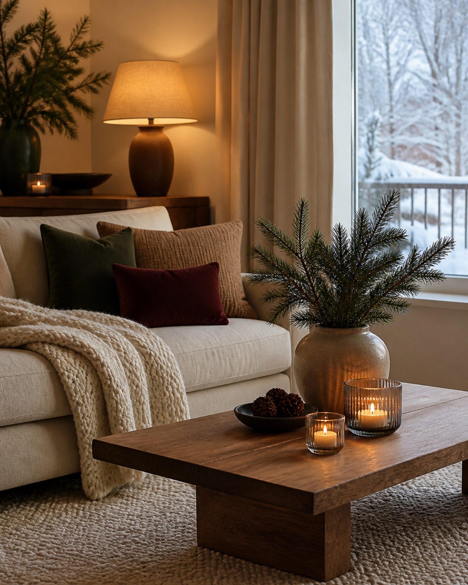 Warm winter apartment corner with knit layers, evergreen branches, and amber light